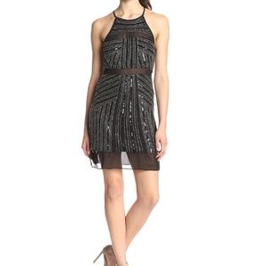 PARKER Taha Beaded Sheer Hem Halter Cocktail Dress
